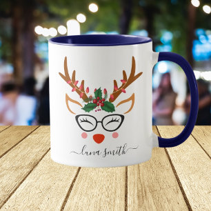 Mug Joyeux cadeau de Noël Cute Reindeer Visages Navy B