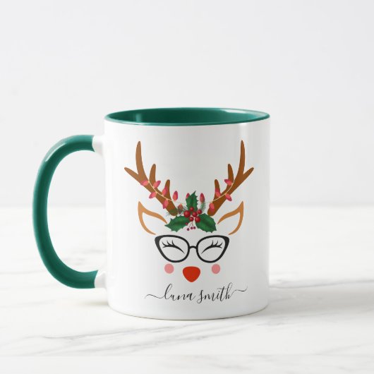 Mug Joyeux cadeau de Noël Cute Reindeer Visages vert (Gauche)