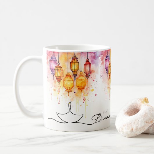 Mug Joyeux Diwali lampes couleur eau (Avec donut)