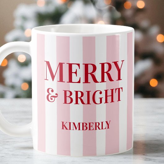 Mug Joyeux et lumineux Noël rose moderne rayé