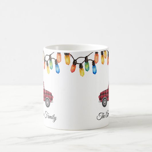 Mug Joyeux feu de Noël Ampoules camion-arbre Nom de fa (Centre)