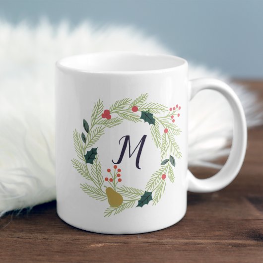 Mug Joyeux Foliage Holiday Wreath Monogramme