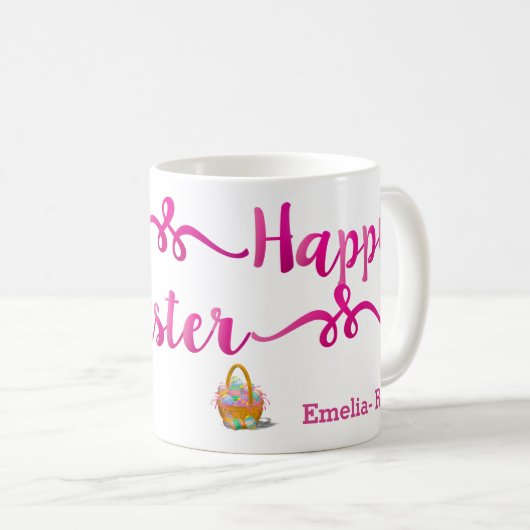 Mug Joyeux lapin blanc Pâques Pink Script personnalisé (Devant droit)