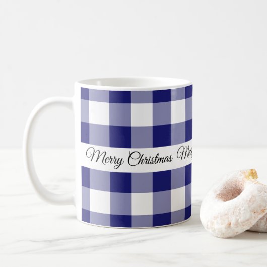 Mug Joyeux Noël à carreaux bleus rustiques (Avec donut)