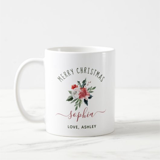 Mug Joyeux Noël avec votre nom | Aquarelle florale (Gauche)
