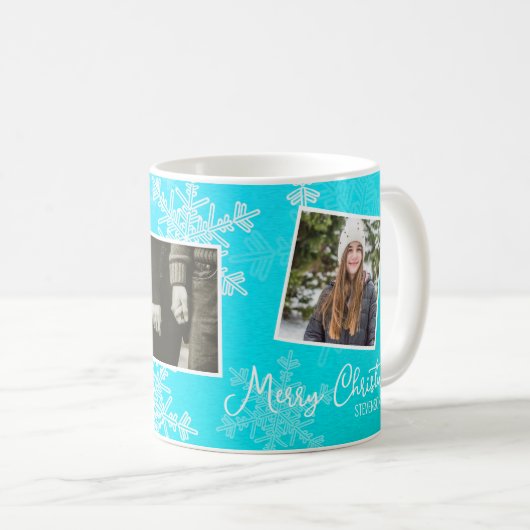 Mug Joyeux Noël Blue Snowflakes Photo Collage (Devant droit)