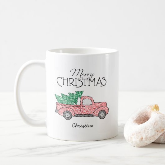 Mug Joyeux Noël Camion Rouge arbre vert avec nom (Avec donut)