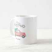 Mug Joyeux Noël Camion Rouge arbre vert avec nom (Devant gauche)