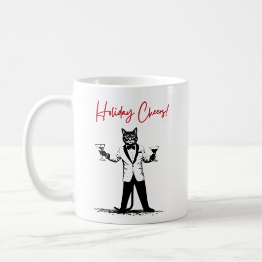 Mug Joyeux Noël ! Chat en smoking offrant un toast (Gauche)