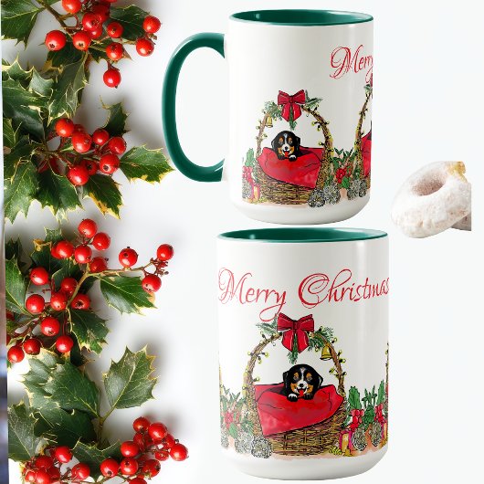 Mug Joyeux Noël, chiot mignon dans un panier