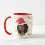 Mug Joyeux Noël d'or, Femme noire, Chapeau de Père Noë (Gauche)