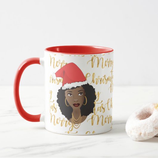 Mug Joyeux Noël d'or, Femme noire, Chapeau de Père Noë (Avec donut)
