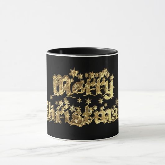 Mug Joyeux Noël Étoiles Typographie Noir et Or (Centre)