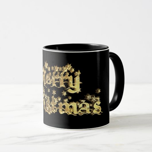 Mug Joyeux Noël Étoiles Typographie Noir et Or (Devant droit)
