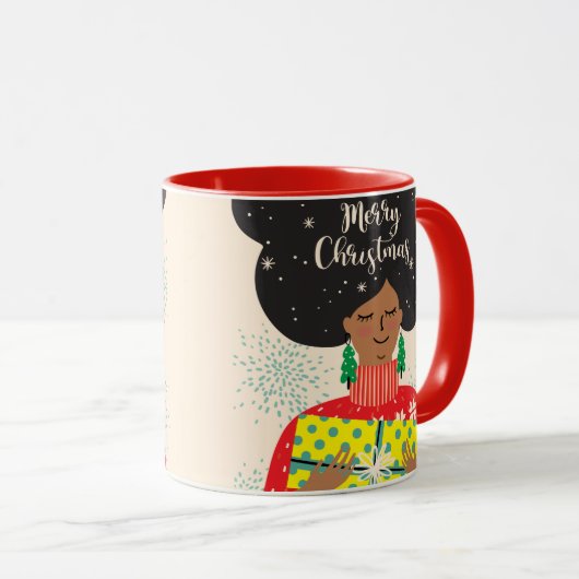 Mug Joyeux Noël, Femme noire, Chandail brillant (Devant droit)