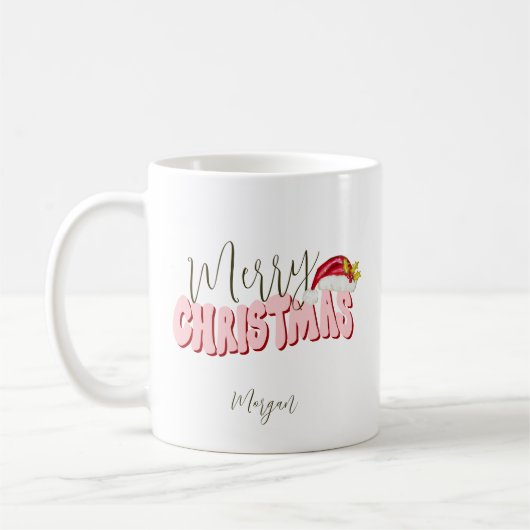 Mug Joyeux Noël Festif Retro Rose Rouge Ajouter un nom (Gauche)