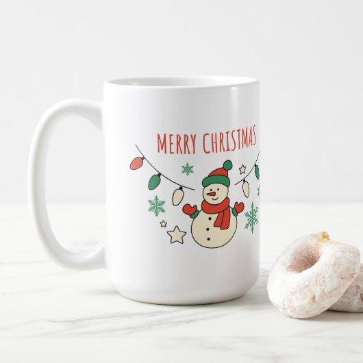 Mug Joyeux Noël, Mignonne bonhomme de neige, lumières (Avec donut)