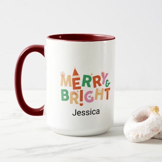 Mug Joyeux Noël moderne et nom coloré brillant (Avec donut)