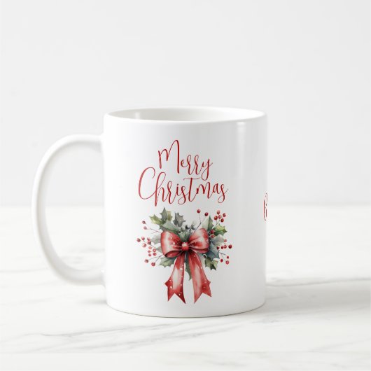 Mug Joyeux Noël moderne Script Red Bow Personnalisé (Gauche)