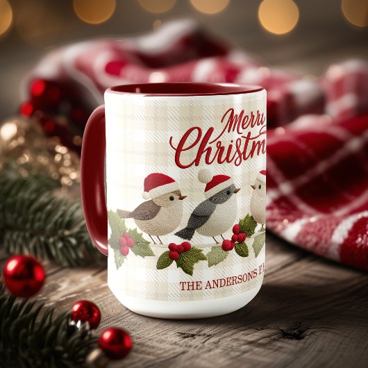 Mug Joyeux Noël Oiseaux Brodé Nom Mignon