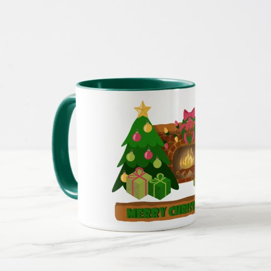 Mug Joyeux Noël près de la cheminée bonfire xmas arbre (Devant gauche)