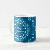 Mug Joyeux Noël rond flocon de neige hiver blanc bleu (Devant gauche)