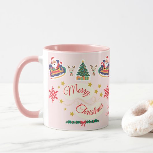 Mug Joyeux Noël rose personnalisé Père Noël Sleigh (Avec donut)