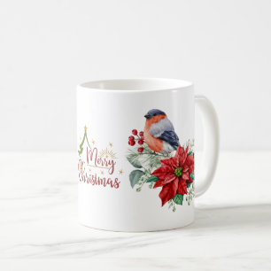 Mug Joyeux Noël Rouge Poinsettia Oiseau Holly Berry