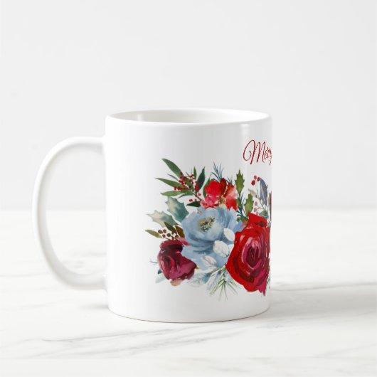 Mug Joyeux Noël Rouge Roses Blanches Vide Pin Cônes C (Gauche)