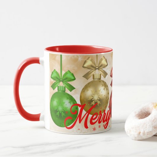 Mug Joyeux Noël Rouge Vert Ornements Snowflakes (Avec donut)