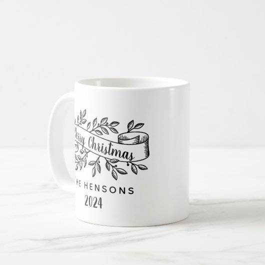 Mug Joyeux Noël Rustique Ruban Nom de famille (Devant gauche)