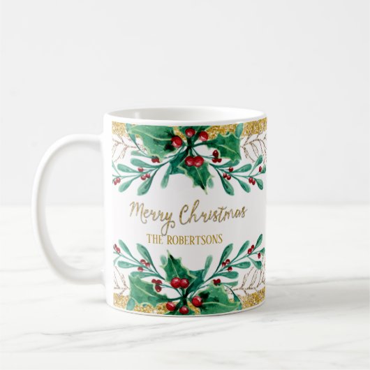 Mug Joyeux Noël Script or Aquarelle Holly Berry (Gauche)