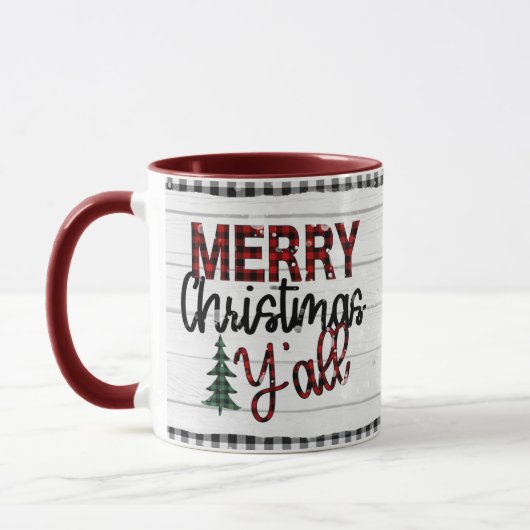 Mug Joyeux Noël Y'all Rustic Plaid Trees Vacances (Gauche)