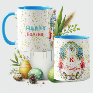Mug Joyeux Pâques Floral Décoratif Monogramme Typograp