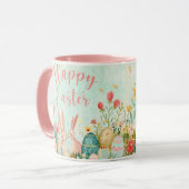 Mug Joyeux Pâques vert clair aquarelle rose (Devant gauche)