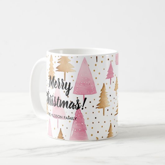 Mug Joyeux sapin rose or Noël (Devant gauche)
