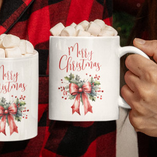 Mug Joyeux script de Noël moderne Bow rouge