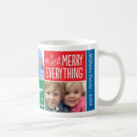 Mug Joyeux tout Colorful Christmas Photo Collage<br><div class="desc">Personnalisez cette tasse de café de Noël avec du texte personnalisé et trois (3) photos de vacances. Le design présente des couleurs vives et audacieuses,  vert,  rouge,  rose et bleu,  des polices manuscrites "Joy Love Peace and Merry Everything",  et des flocons de neige blancs.</div>