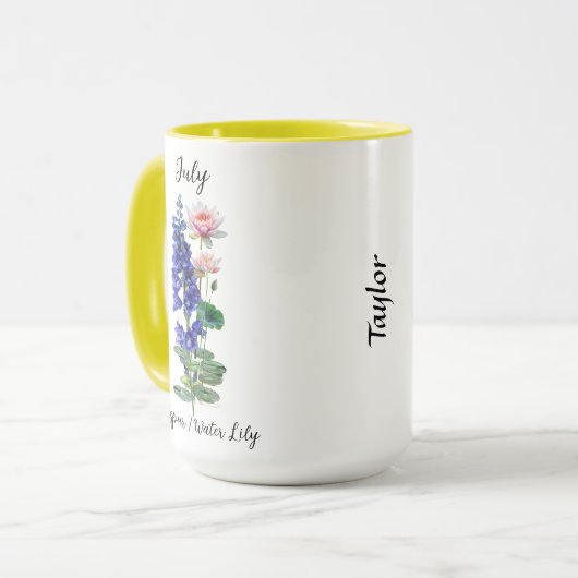 Mug Juillet Fleur de naissance Larkspur et Lys d'eau (Devant gauche)