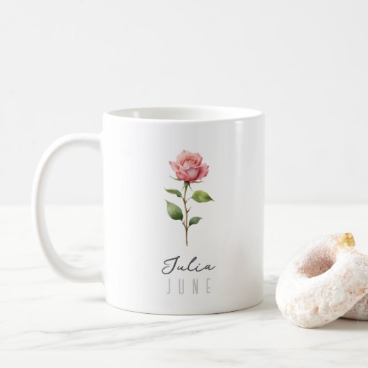 Mug Juin Mois de naissance Fleur avec nom - Rose (Avec donut)