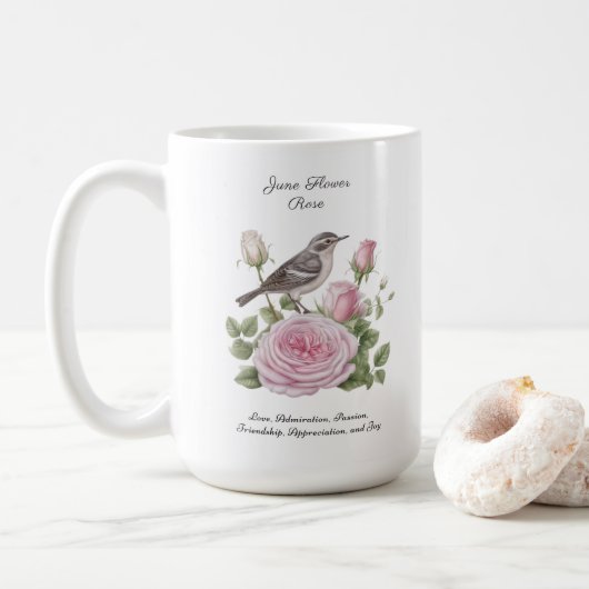 Mug Juin Mois de naissance Fleur Rose Élégant Annivers (Avec donut)