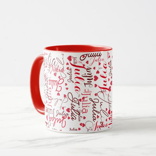 Mug Julia Nom de script personnalisé + Coeurs rouges R (Devant gauche)