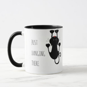 Mug Juste accroché là dessin animé de chat noir texte 