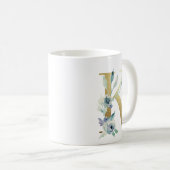 Mug K initial doré avec feuillage floral bleu (Devant droit)