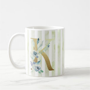 Mug K initial en or sur bandes bleu et blanc