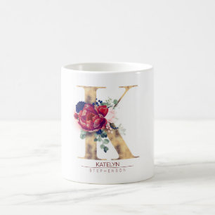 Mug K Monogramme Floral Bourgogne Rouge et Navy Blue