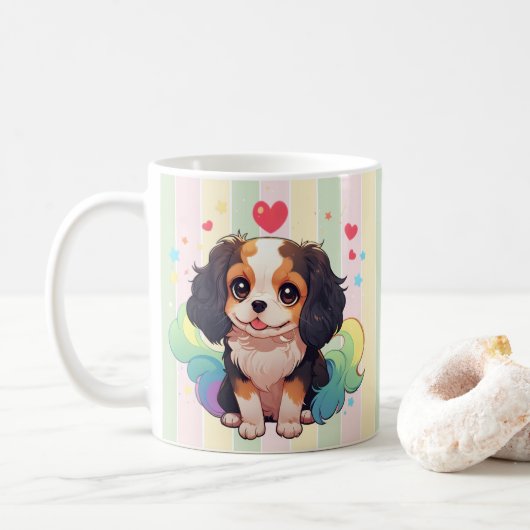 Mug Kawaii Cavalier King Charles Pastel Rainbow Tail (Avec donut)