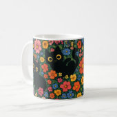 Mug Kawaii Garden Art | Cute Black Cat Floral Pattern (Devant gauche)