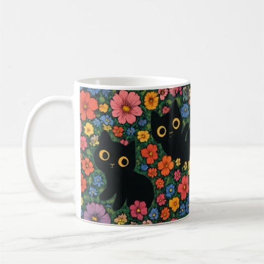 Mug Kawaii Garden Art | Cute Black Cat Floral Pattern (Gauche)