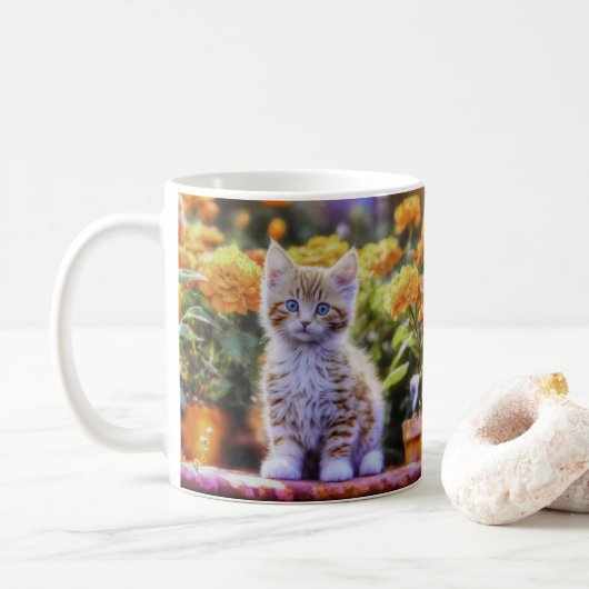 Mug Kitten au gingembre dans un jardin fleuri (Avec donut)
